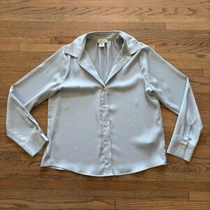 Rachel Zoe Light Blue Satin Button Front Blouse Long Sleeve Top Womens Medium